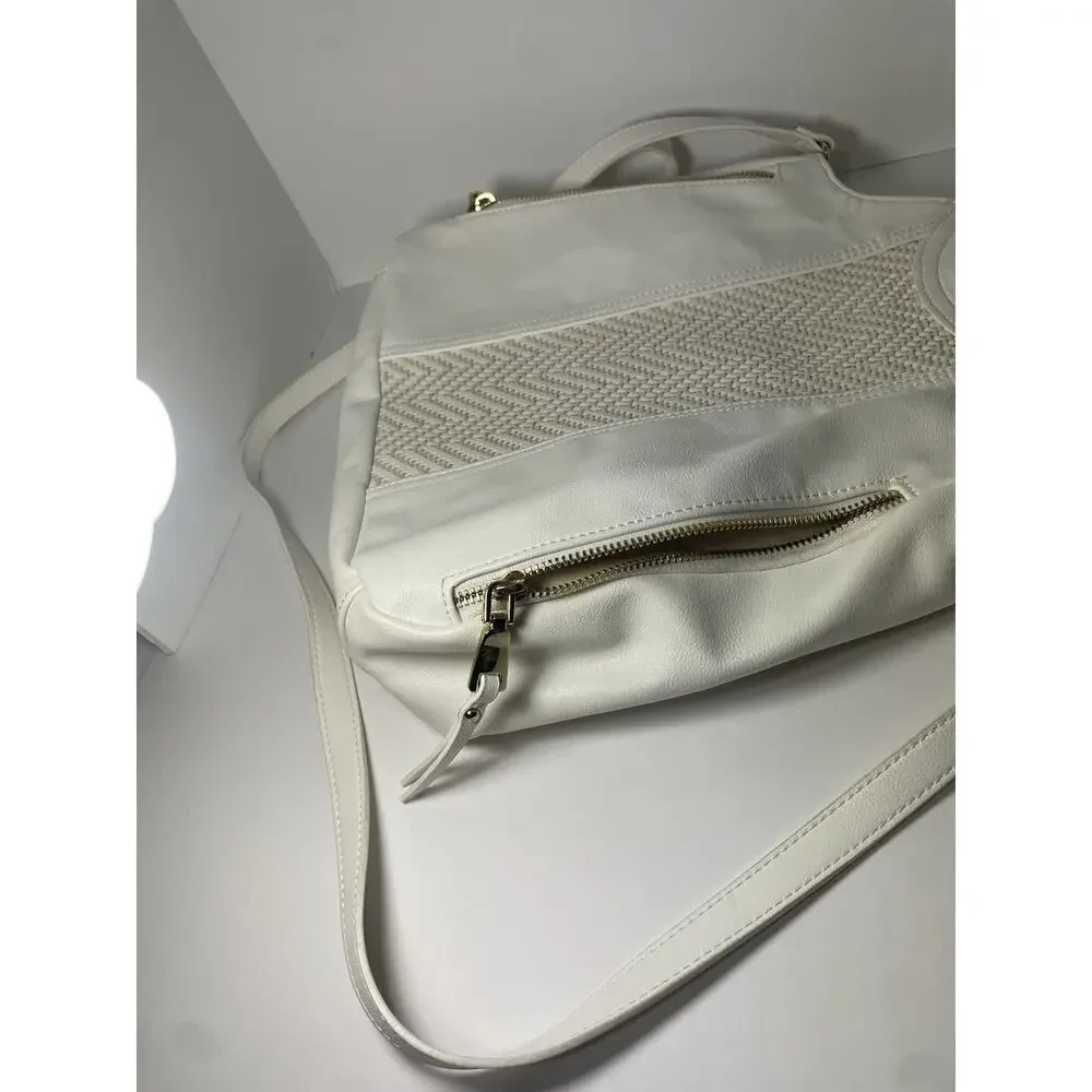 INC International Concepts White Top Handle Bag Gold Hardware Zipper Pockets